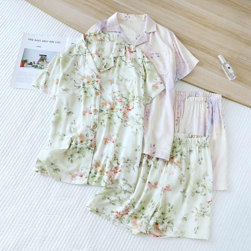 Hot selling soft and high-end touching cotton summer sleepwear, women's floral printed satin short sleeved shorts set, comfortable and casual hom