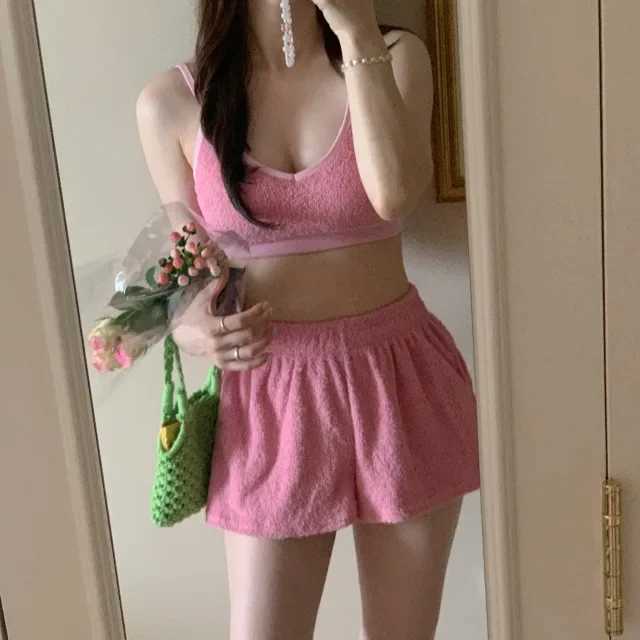 New Hot Sale Of The Season Korean Pure Color Towel Fabric Strap Vest Elastic Waist Shorts Swimsuit Womens Bikini Set Casual Com XJ250624