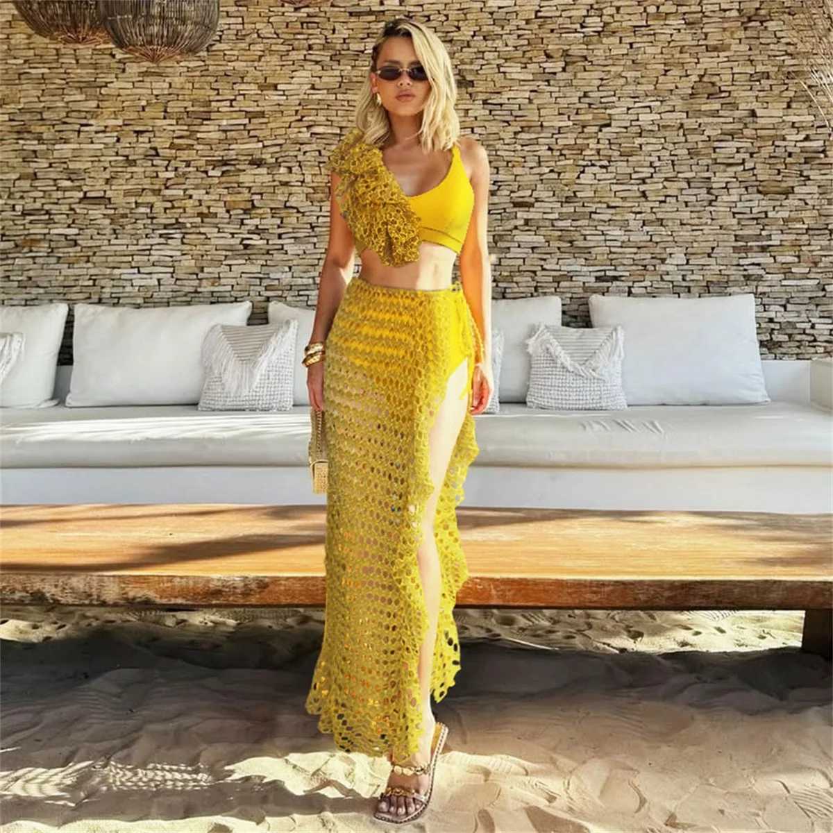 3Pcs Ruffle Bikini Sexy Women Swimsuit Female Push Up Swimwear With Crochet Skirt High Waisted Swimming Suit Beachwear Biquini XJ250624