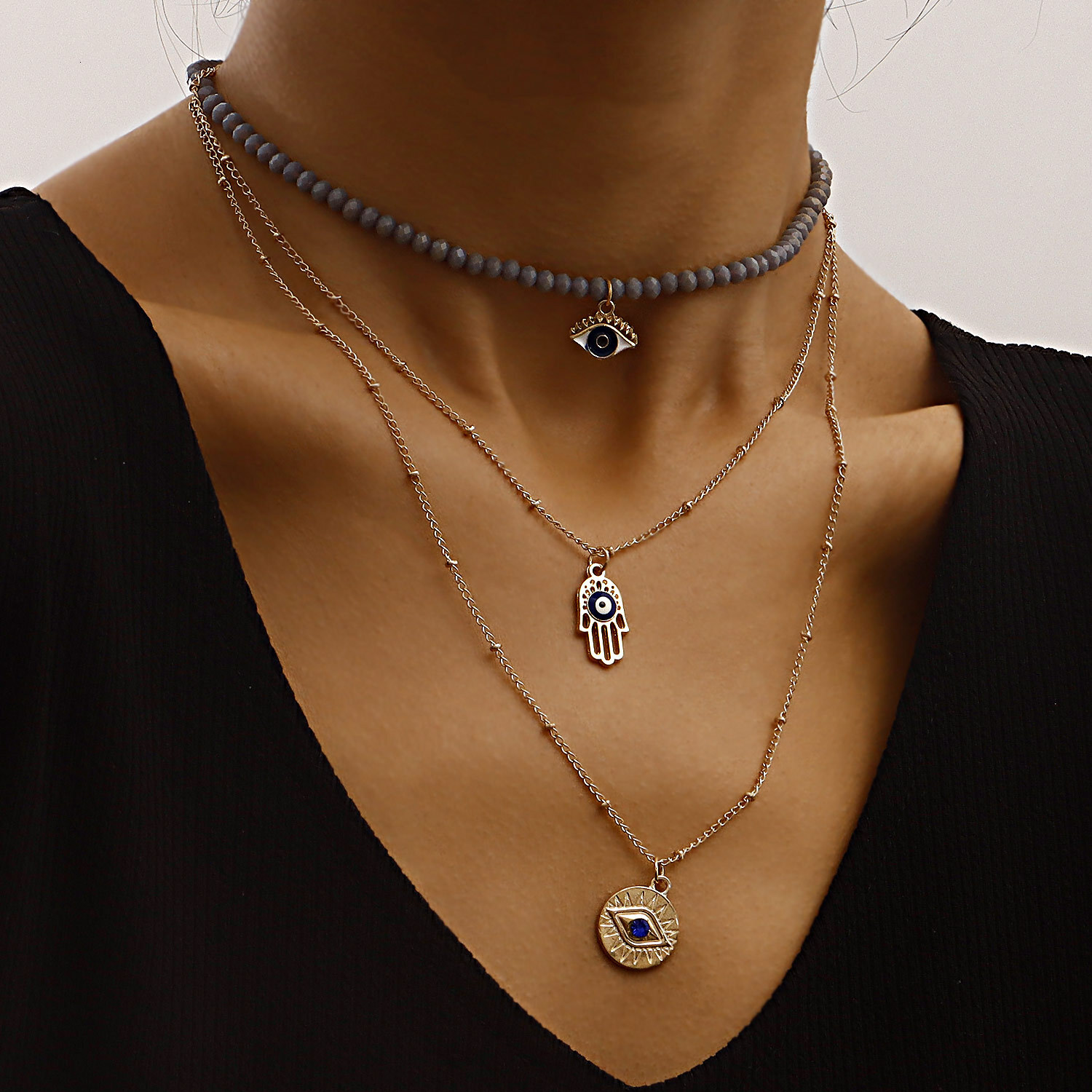 Jewelry Trendy Multi-layer Gray Rhinestone Blue Devil Eye Pendant for Women Unique Necklace Jewelry for Women