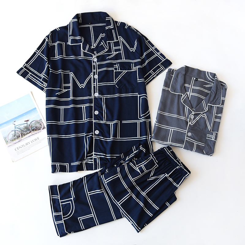 Men's Spring and Autumn Cotton Silk Home Clothes Set, Loose and Casual, Can be worn outside, Thin Short sleeved, Long pants Two piece Set