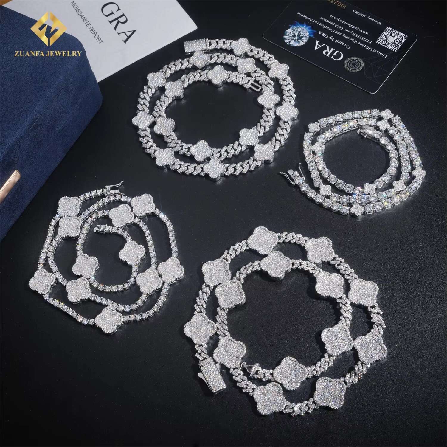4 Options Four Leaf Clover Vintage Cuban Chain Women Jewelry Iced Out 925 Silver VVS Moissanite Diamond Tennis Bracelet Necklace