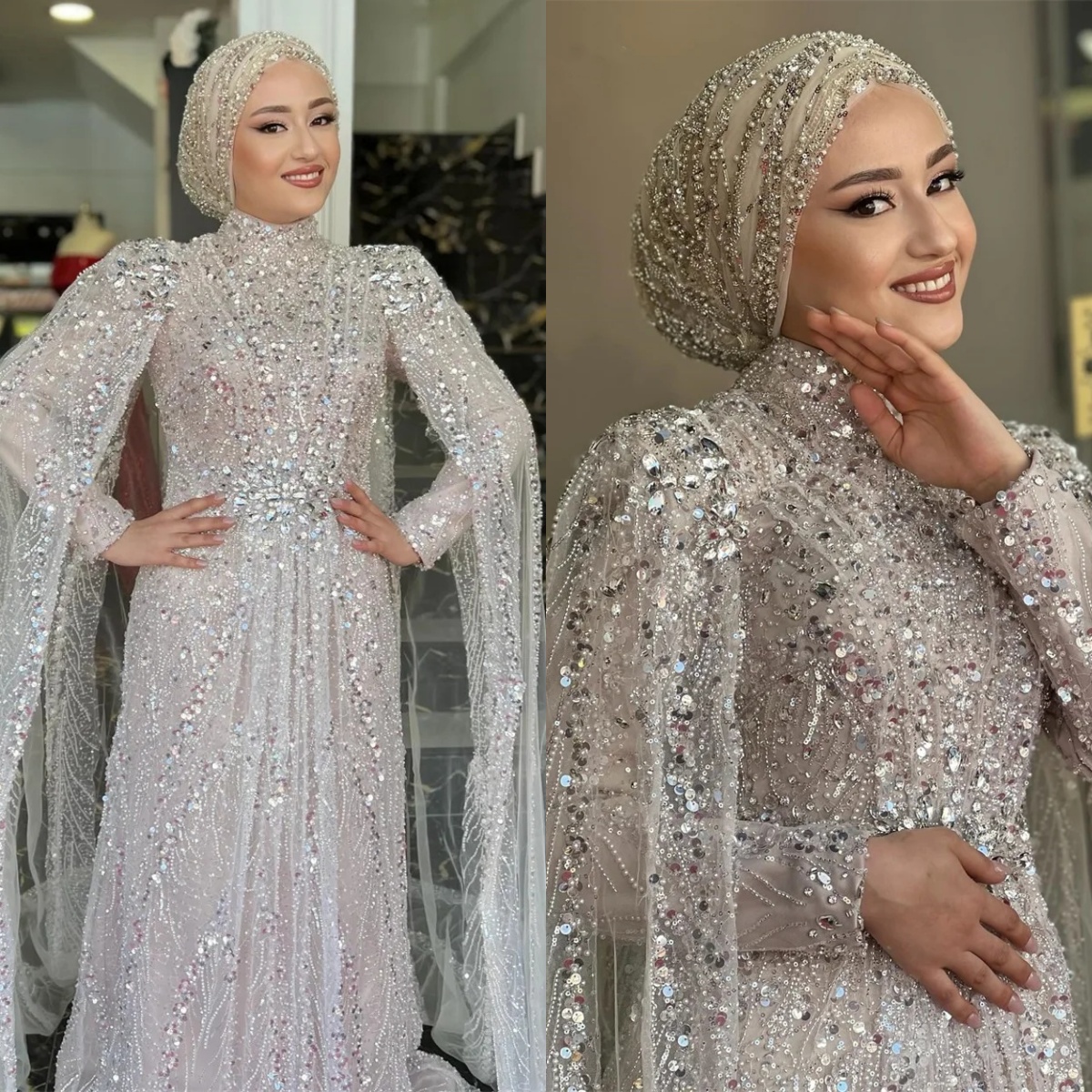 Muslim High Neck Wedding Dresses Sequins Pearls Bridal Gowns with Cape Crystal Long Sleeves the Middle East Customized Bride Vestidos De Novia Plus Si
