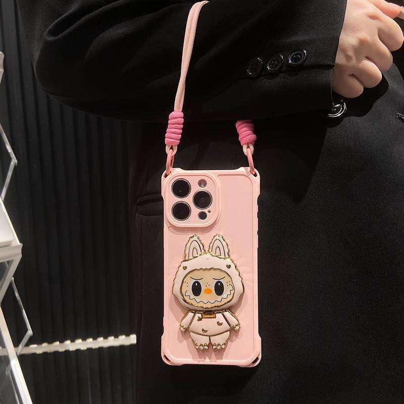 Cartoon Labubu Mirror Stand Compatible with iPhone 16 Case 12 Apple 15 Four-Corner Lanyard Anti-Drop Huawei
