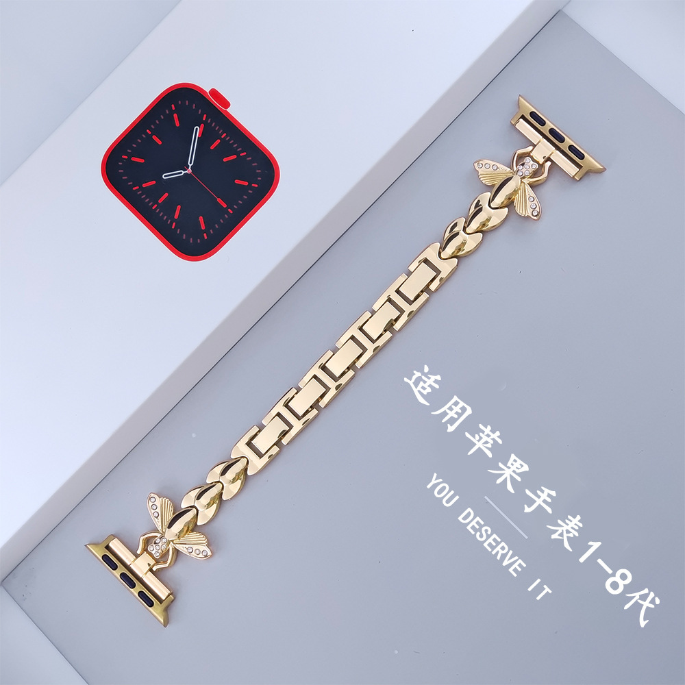 Luxury Fit Bee Patterned Single Row Chain Watch Band for Apple Watch Series 1-10 and SE Universal Compatibility