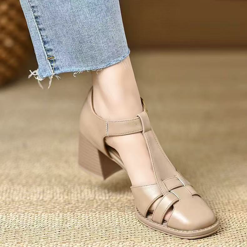 Women's leather narrow band braided t-strap sandals 4cm thick med heel round toe cage casual female summer shoes woman d152