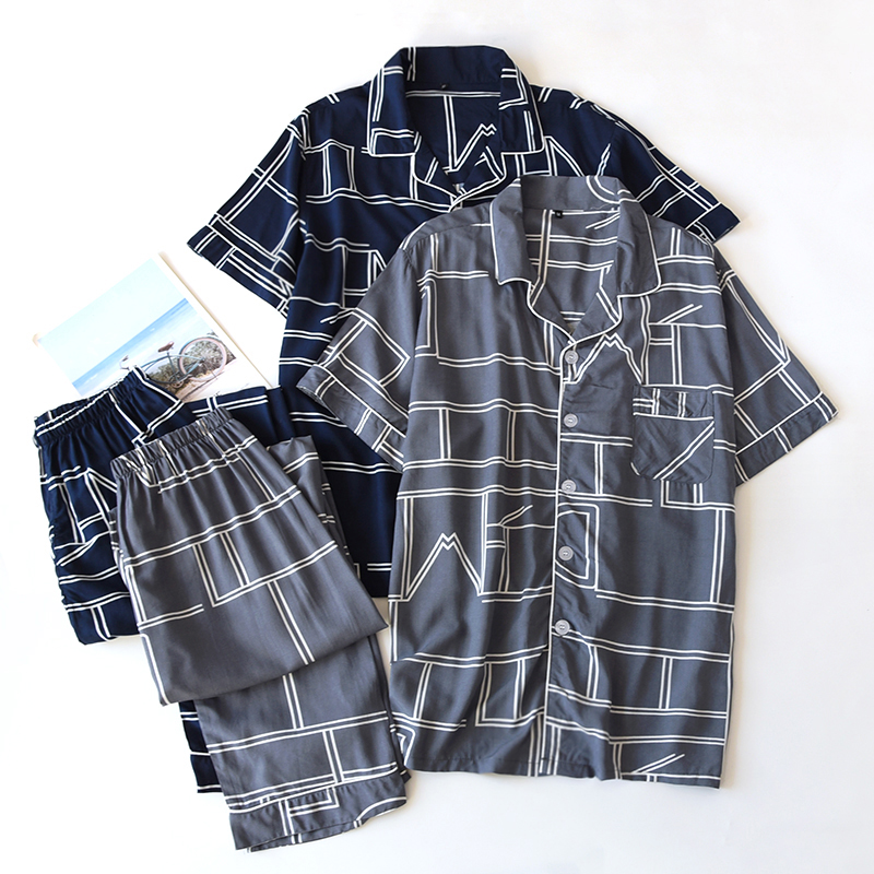 Men's Spring and Autumn Cotton Silk Home Clothes Set, Loose and Casual, Can be worn outside, Thin Short sleeved, Long pants Two piece Set