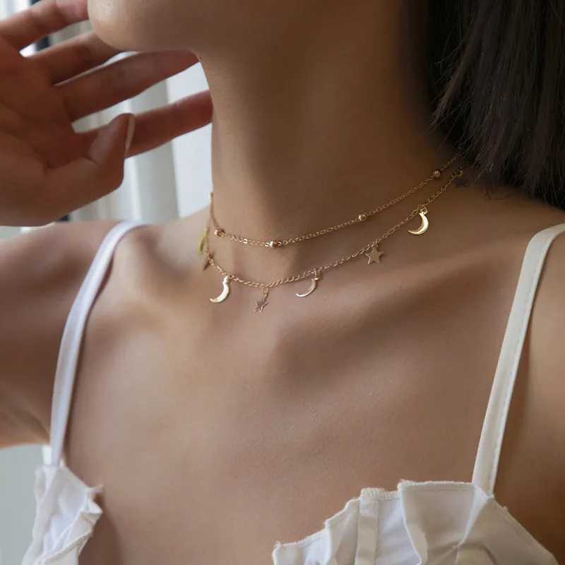 Star Moon Pendant Clavicle Necklace Double Layers Beads Minimalist Women Fashion Collares Summer Everyday Jewelry Bijoux V250625