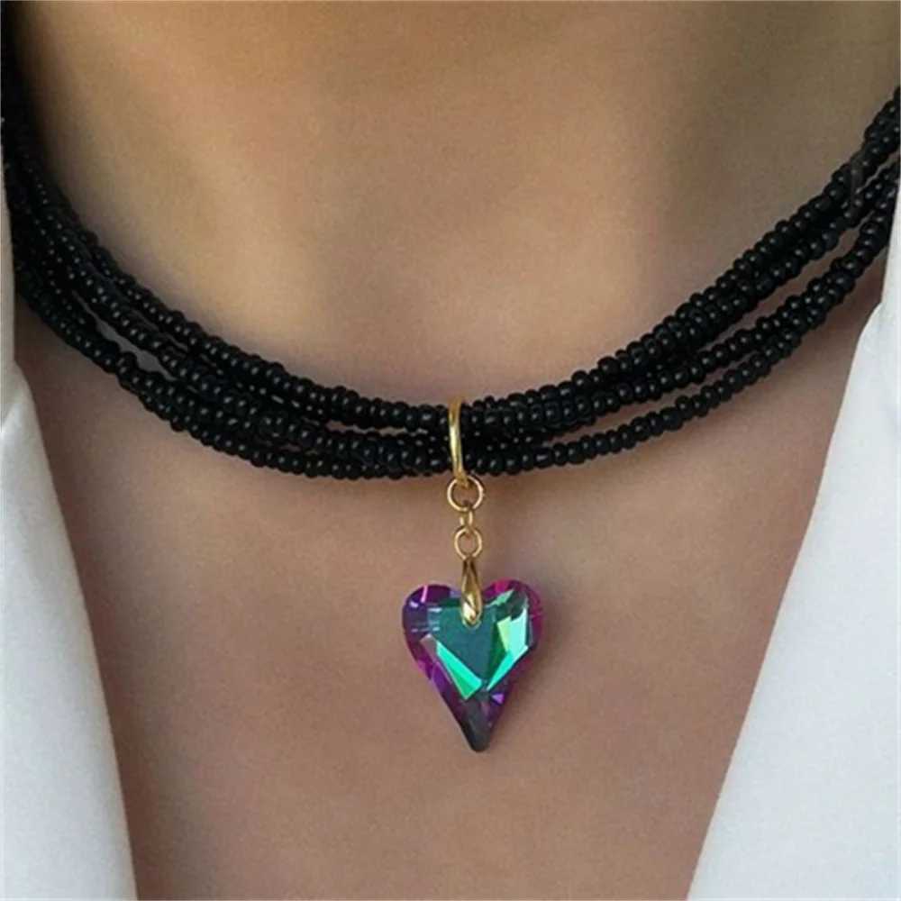 Fashion Vintage Tassels Zircon Heart Pendant Necklace For Women Female Boho Geometric Baroque Transparent Crystal Chain Jewelry M250624
