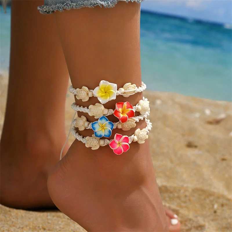 Summer Sweet Flower Woven Rope Handmade Anklets for Women Ocean Beach Starfish Shell Turtle Charm Bracelet On Leg Foot Jewelry U250624