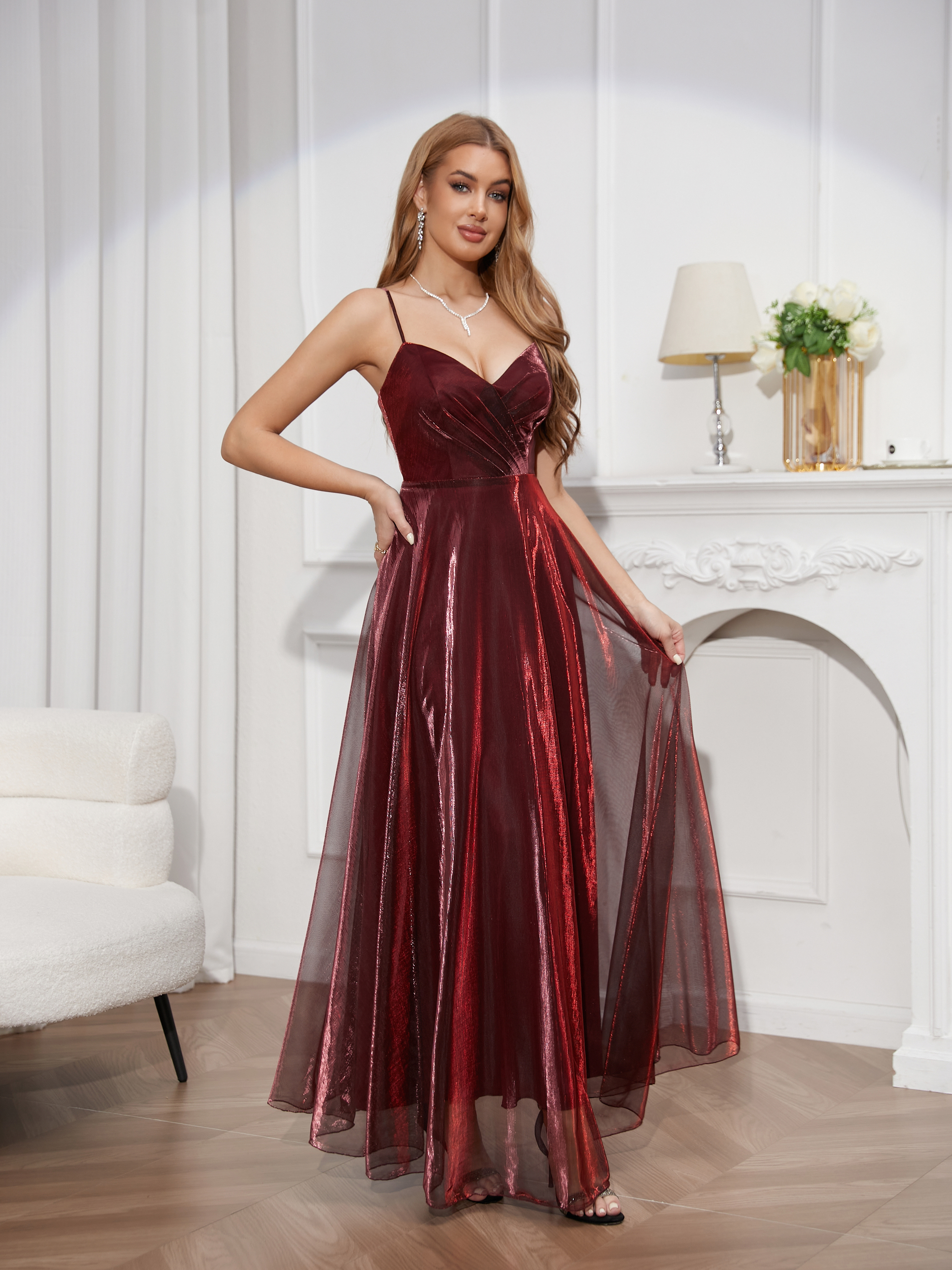Prom dress, shiny fabric, bottom-flush back strap, sexy deep V sling dress, elegant tulle dress, prom dress