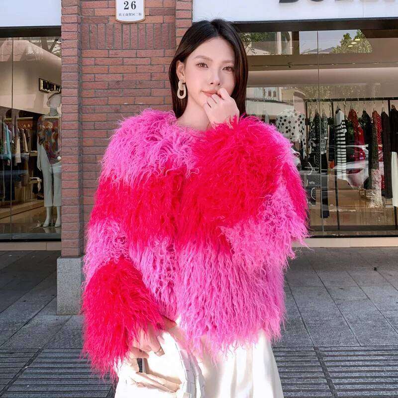Faux Fur Coats Women Lamb Wool Short Coat Thick Warm Y2k Streetwear Elegant Pink Jackets Open Jacket