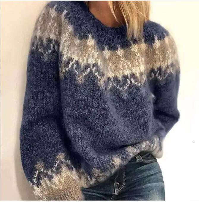 Elegant Women Knitted Sweater Winter Vintage O-Neck Patchwork Long Sleeve Tops Jumpers Thick Loose Warm Pullover Sweaters Mujer