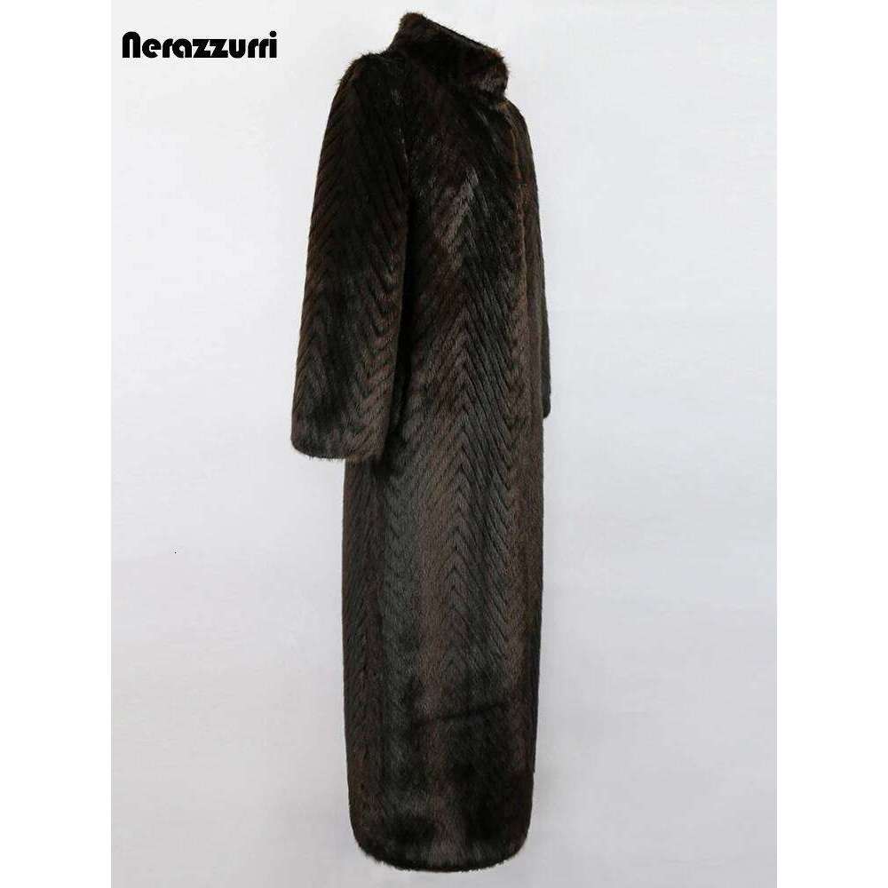 Nerazzurri Winter Extra Long Thick Warm Elegant Striped Fluffy Faux Mink Fur Coat Women Stand Collar Maxi Overcoat 2022