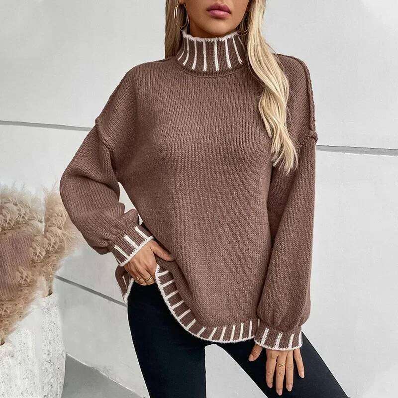 Pop 2025 Women's Autumn Winter Pullovers Tops Female Striped Pullover High Neck Sweater Lady Casual Long Sleeve Knitwears For Wo