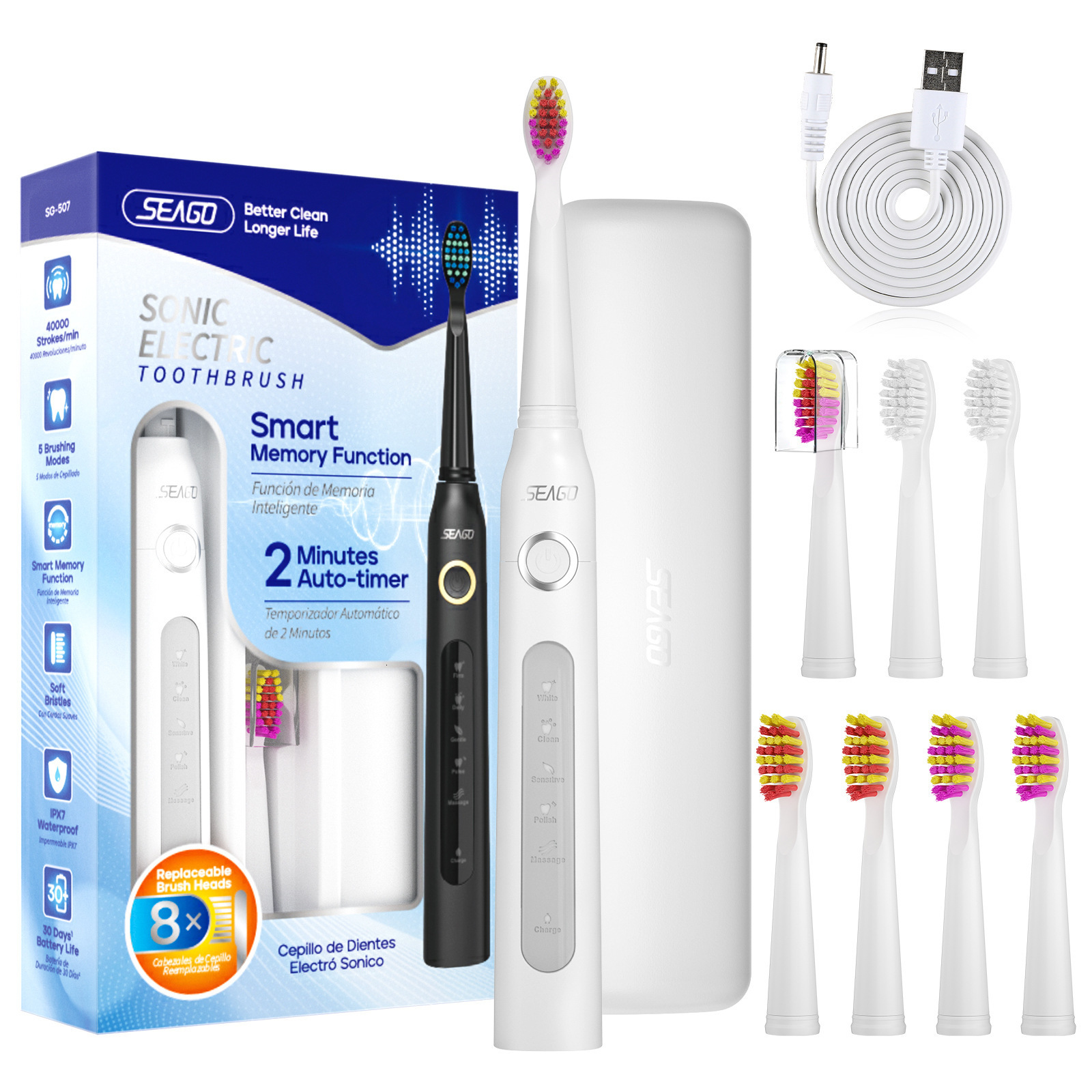 Seago Sonic electric toothbrush has 5 modes for cleaning teeth with 8 replaceable brush heads and a 2-minute timer. It comes with a portable case 2410