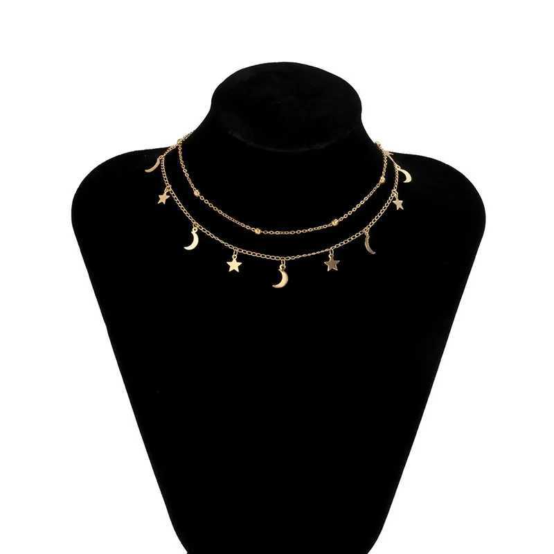 Star Moon Pendant Clavicle Necklace Double Layers Beads Minimalist Women Fashion Collares Summer Everyday Jewelry Bijoux V250625