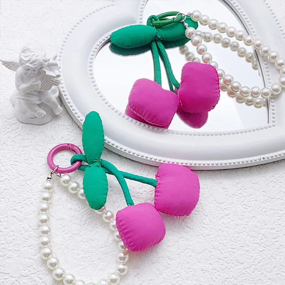 Korean Stylish Fabric Cherry Keychain Hand Beaded Pearl Keyring For Women Girls Phone Pendant Y2K Fashion Bag Pendant Gifts 250625