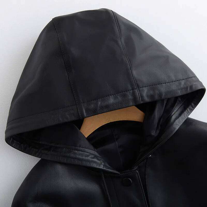 Lautaro-Long PU Leather Trench Coat For Women, Long Sleeve Belt, Waterproof Raincoat, Black, Spring, Autumn, 2024