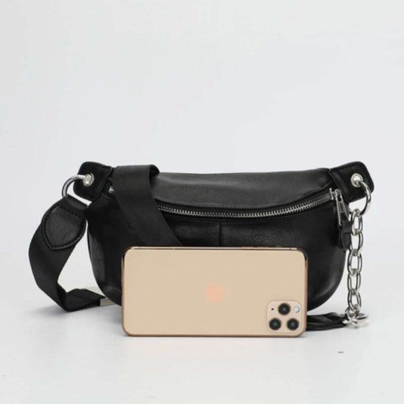 High Quality Black Chest Bag 2025 Hit Genuine Leather Fashion Chain Wide Strap Crossbody New In Casual Trend Female Bags