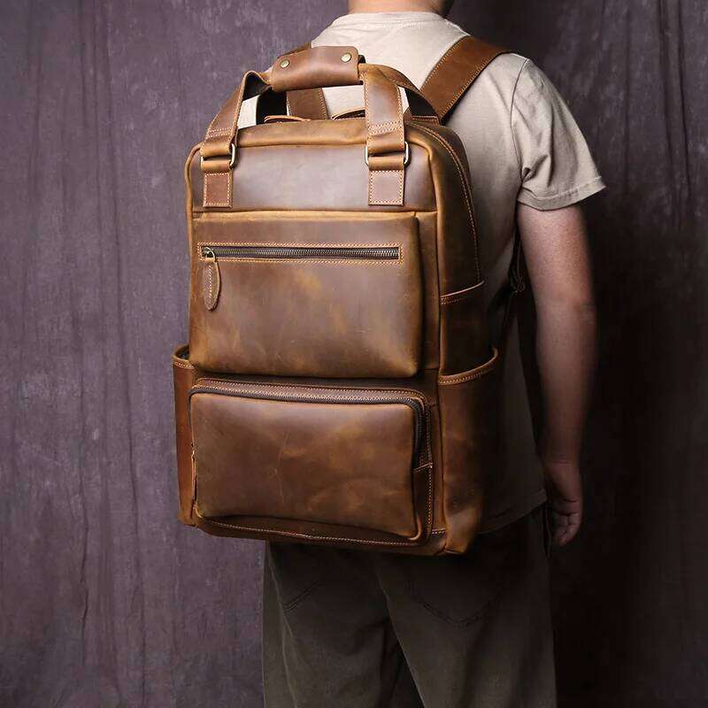 JLFGPJ Handmade Vintage Crazy Horse Leather Large Capacity Backpack Men's Genuine Cowhide Business Travel Computer Bag