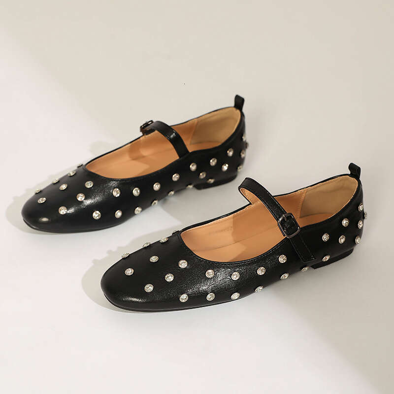 Mary Jane for Women 2024 Spring Summer New Square Toe Studded Rhinestone Flat Strap Genuine Leather Ballet Shoes