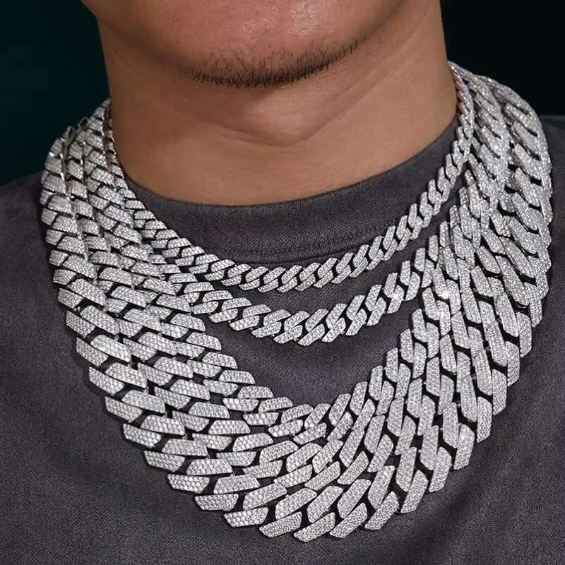 Hip Hop 925 Silver Cuban Link Chain Necklace Bracelet 10MM 2 Rows Moissanite Diamond for Men