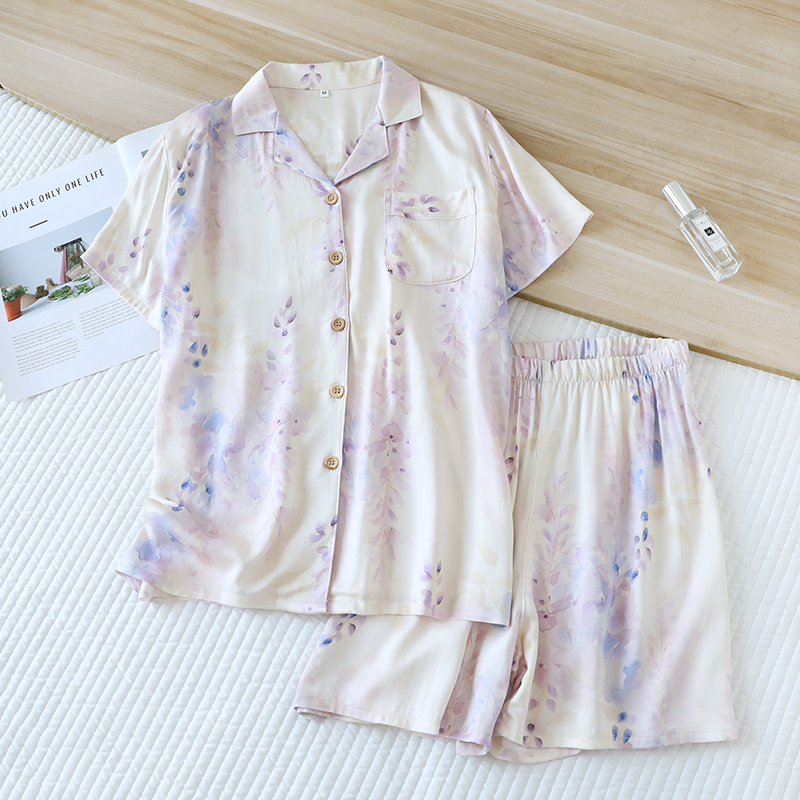 Hot selling soft and high-end touching cotton summer sleepwear, women's floral printed satin short sleeved shorts set, comfortable and casual hom