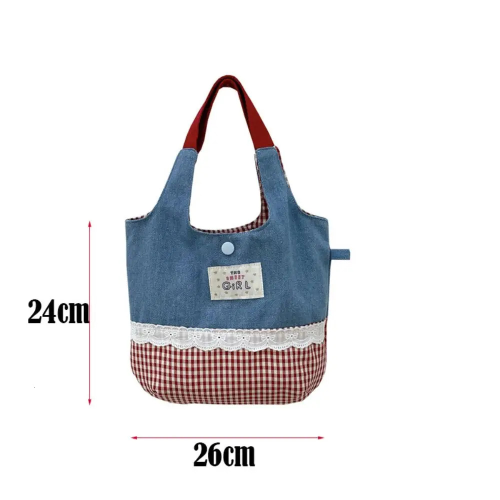 Korean INS Sweet Lace Handbag Leisure Denim Plaid Tote Bags Portable Bag Commuting Bag Denim Plaid Canvas Tote Bags Womens Bag 250624
