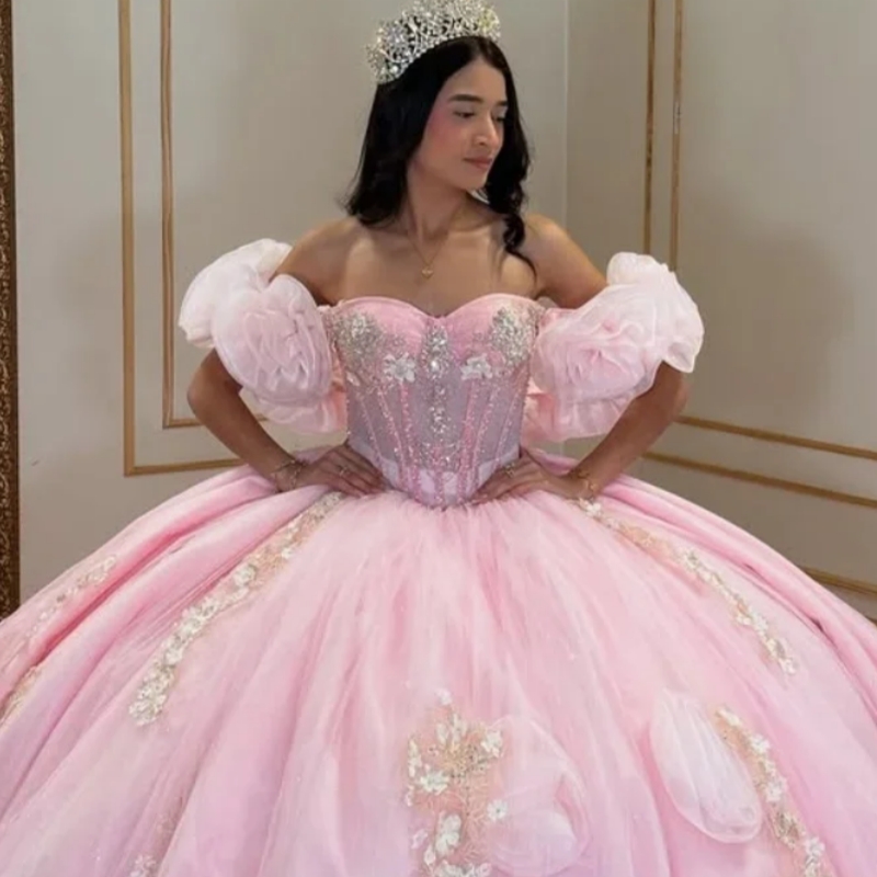 Charming Pink Off The Shoulder Quinceanera Dresses Ball Gown 3D Flower Appliques Beading Crystal Tull Sweet 16 Dress Vestidos De 15 Anos