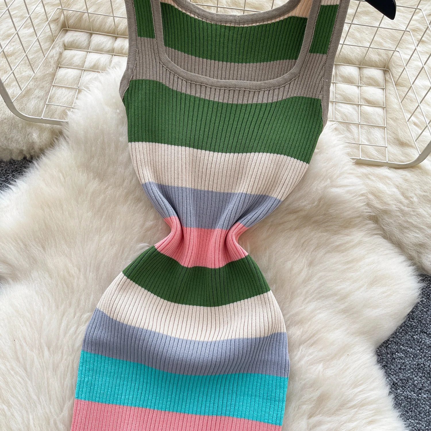 Chic Elastic Knit sleeveless Bodycon striped Women Elegant Korean Fashion Vestidos Summer Slim Wrap Pencil Dress 250618