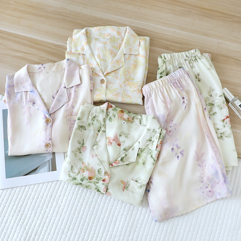 Hot selling soft and high-end touching cotton summer sleepwear, women's floral printed satin short sleeved shorts set, comfortable and casual hom