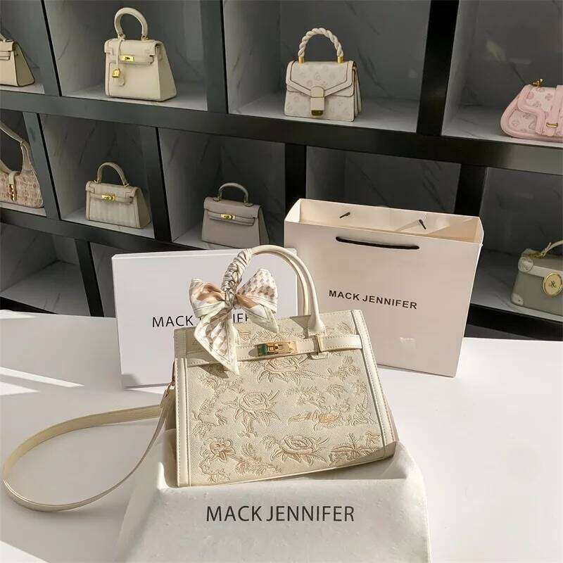 2025 Top Handle Shoulder Bag With Floral Embroidery Silk Scarf Decoration And High Quality Material Women Handbag