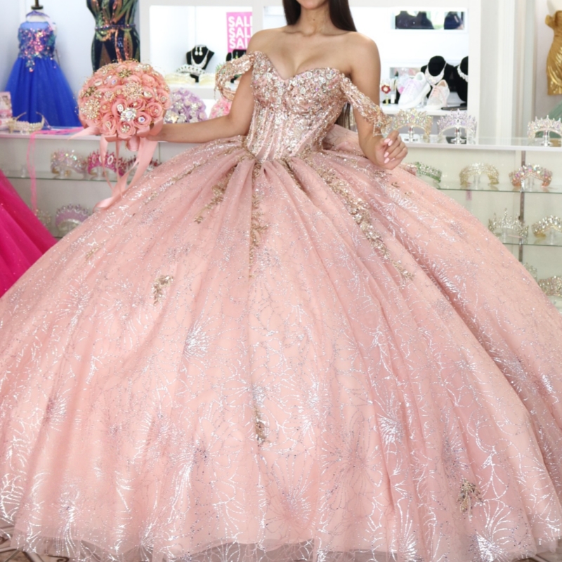 Pink Shiny Quinceanera Dresses Ball Gown Off The Shoulder Sequin Applique Lace Beading Crystal Bow Tull Corset Sweet 16 Dress Vestidos 15 Anos