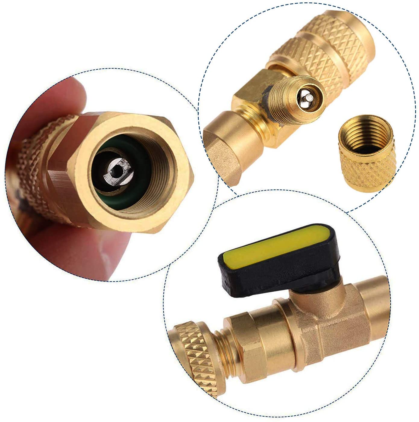 Valve core disassembly and installation tool with dual size SAE 1/4 and 5/16 ports, suitable for R22 R32 R404 R407 R410A