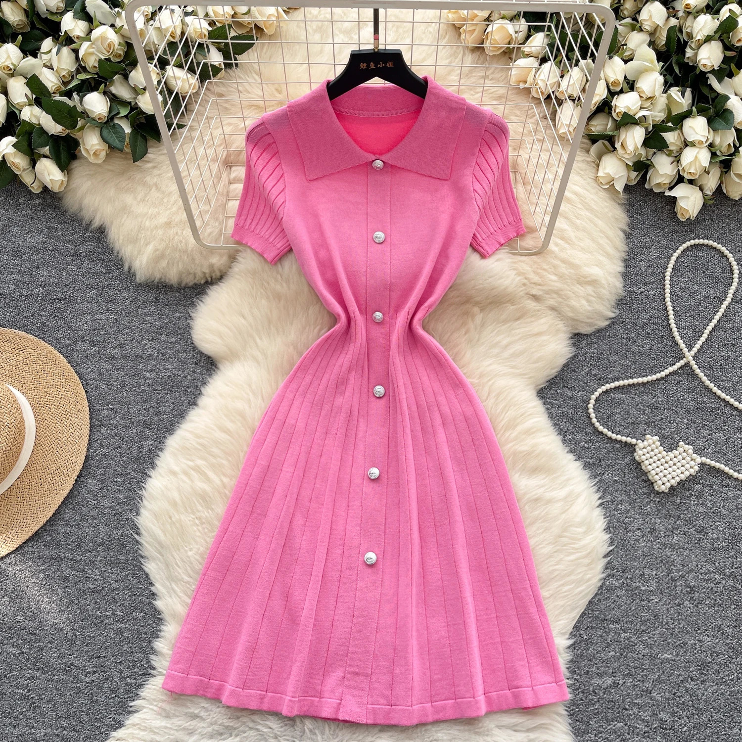Chic Elastic Knit Polo-Neck Ruched button Elegant Korean Fashion Vestidos Summer Slim Dress 250618
