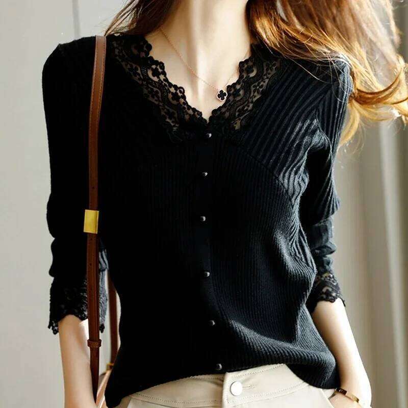 Lace Sweaters for Women Fashion Korean Women's Sweater 2024 Trend Long Sleeve Jumper Knitted Haruku Clothes Crochet Tops Black