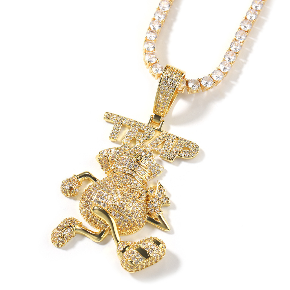 Hot Selling Hip Hop Running Money Bag TRAP Pendant Necklace Full Diamond Cubic Zirconia Cartoon 14K Gold Collar Party Rapper Jewelry Accessories Bijou