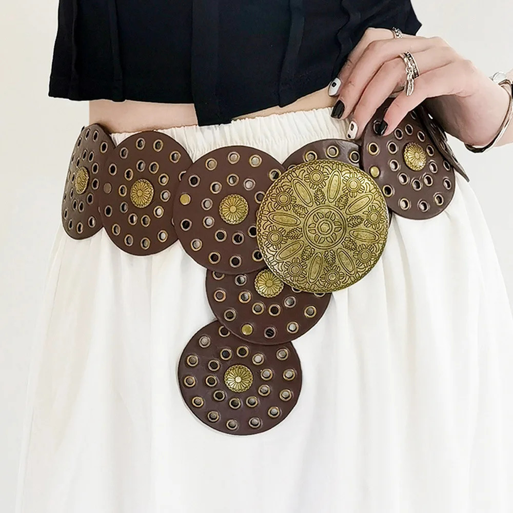 Vintage Womens Western Denim Belt High Quality Metal Hollow Ladies Trend Wide Round Cutout Waistband Personalized Round Belts 250618