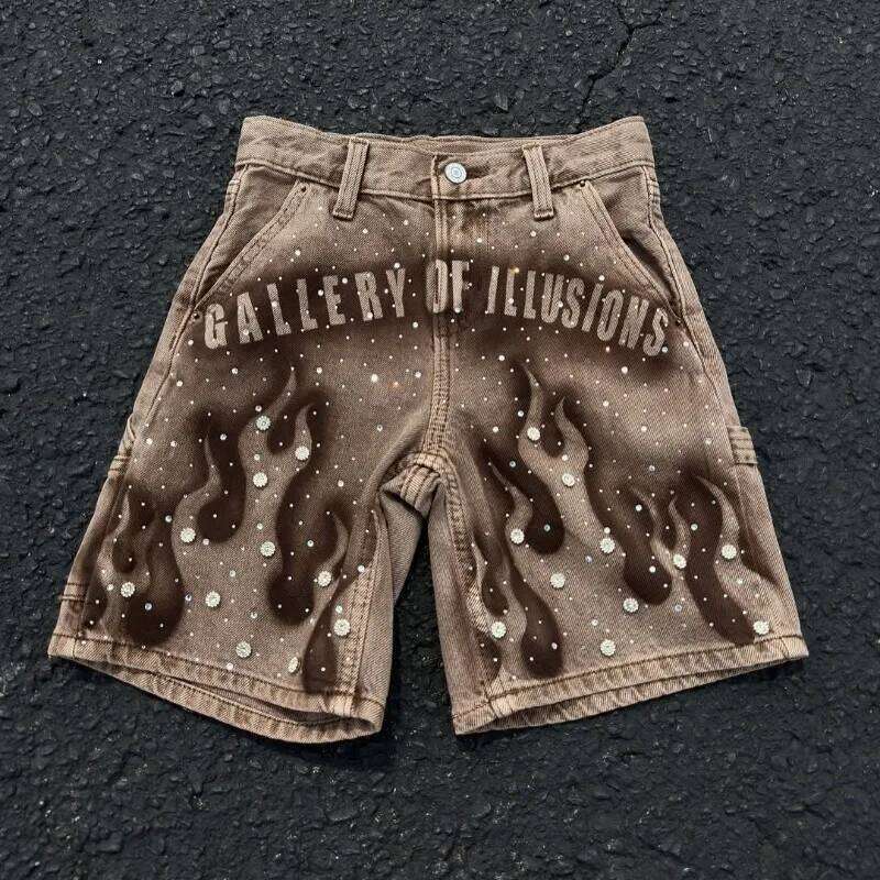 Y2K Vintage Flame Pattern Rhinestone Decoration High Waist Denim Shorts Haruku Hip Hop Men NEW fashion Streetwear