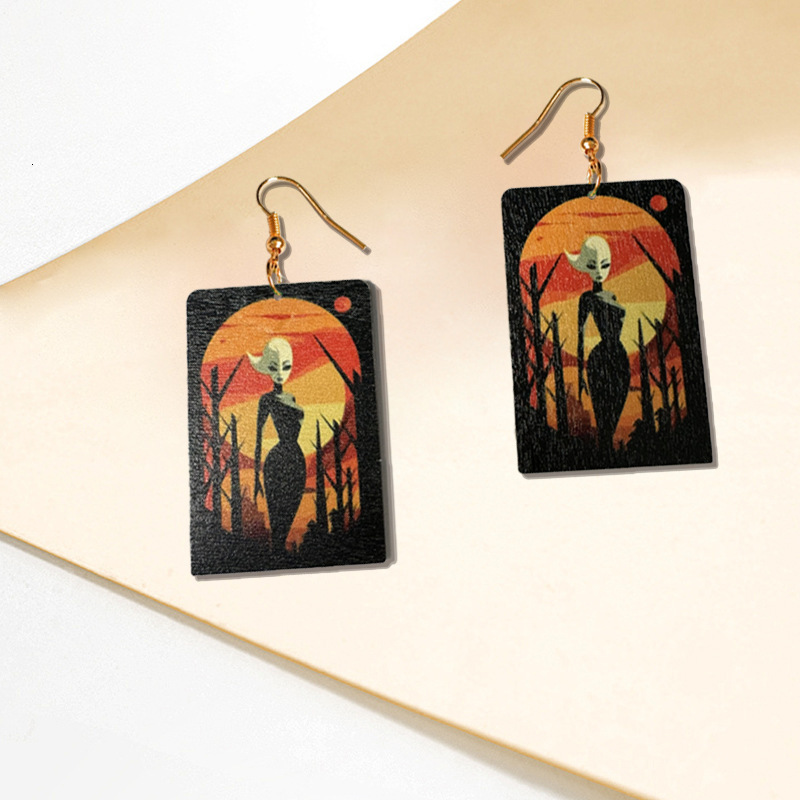1 Pair Square Halloween Earrings for Women Alien Dark Style Sunset Celebration Double-Sided Print Funny