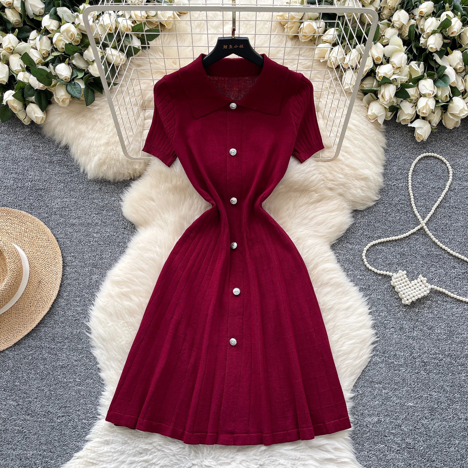 Chic Elastic Knit Polo-Neck Ruched button Elegant Korean Fashion Vestidos Summer Slim Dress 250618