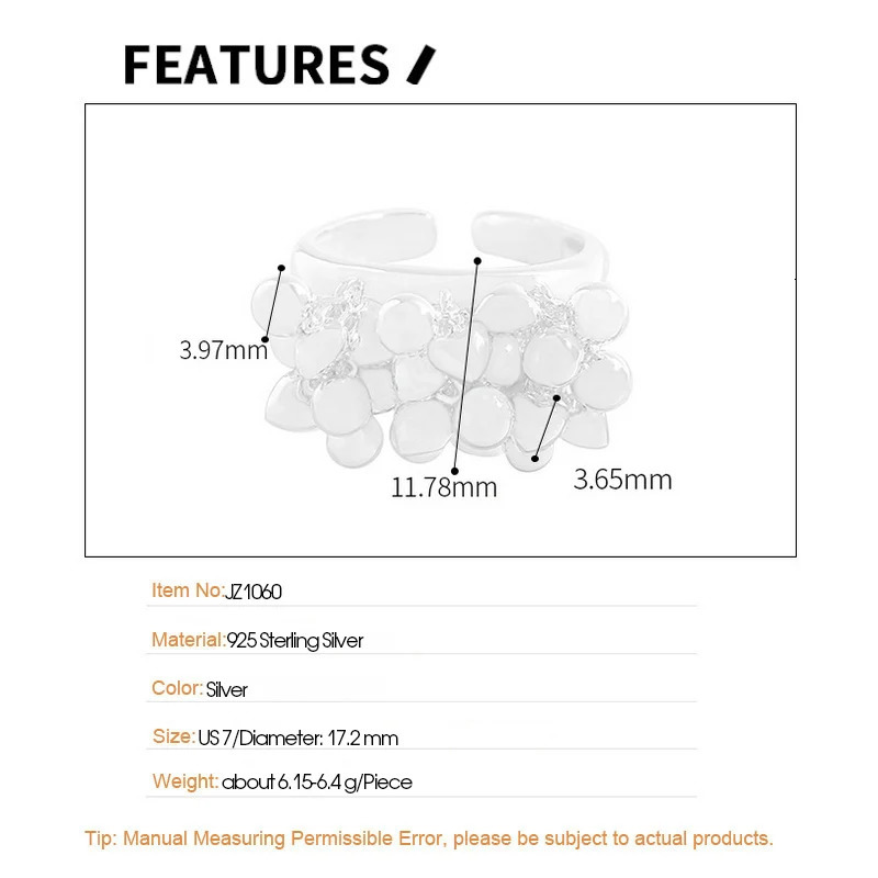 F.I.N.S Korean S925 Sterling Silver Heart Beads Flower Cluster Ring Wide Statement Mid Finger Fine Jewelry Fashion Accessories 250624