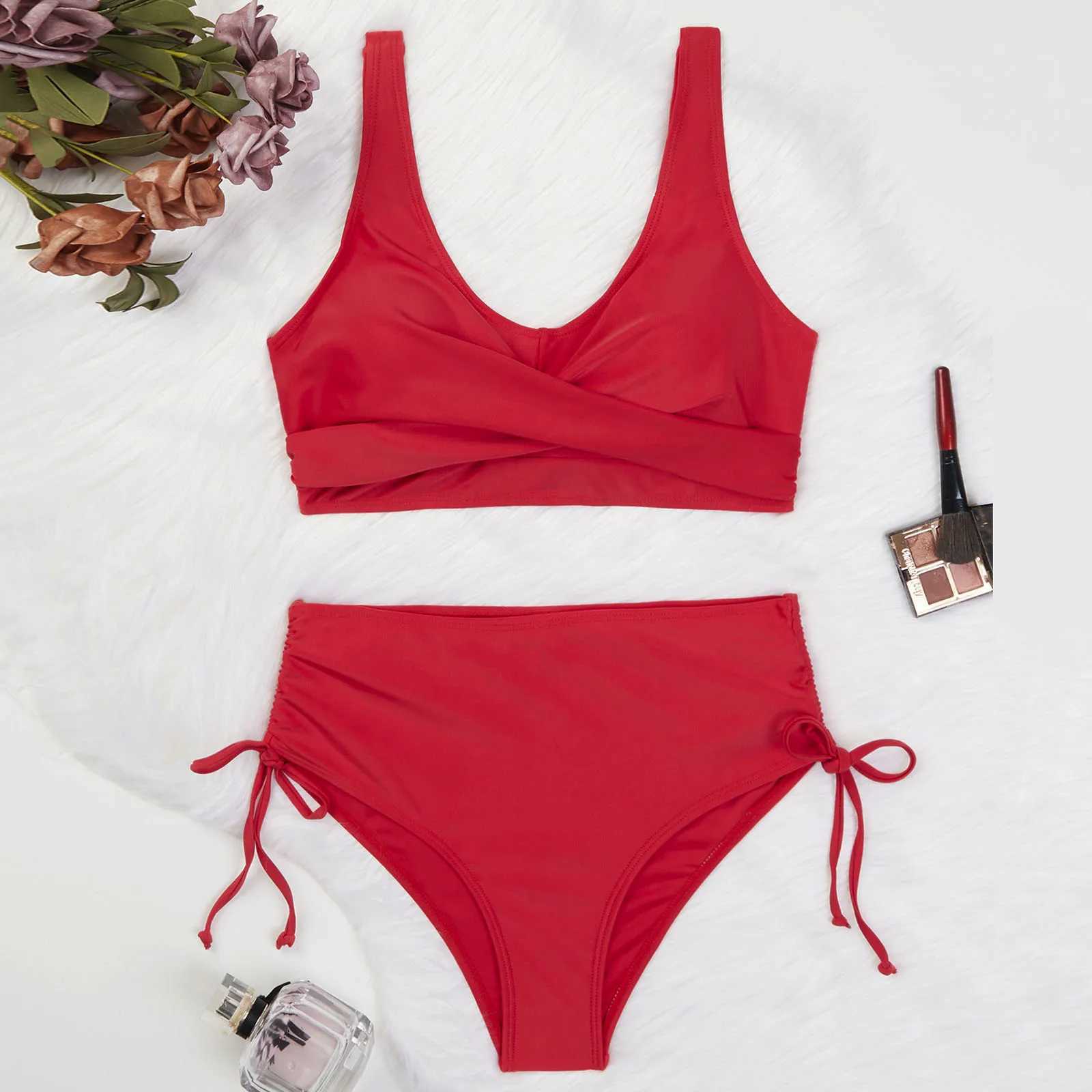 High Waisted Sexy Bikini Set Two Piece Swimsuits Retro Ruched Push Up Bra Tops Drawstring Panties Women Beachwear Bathing SuitXJ250624