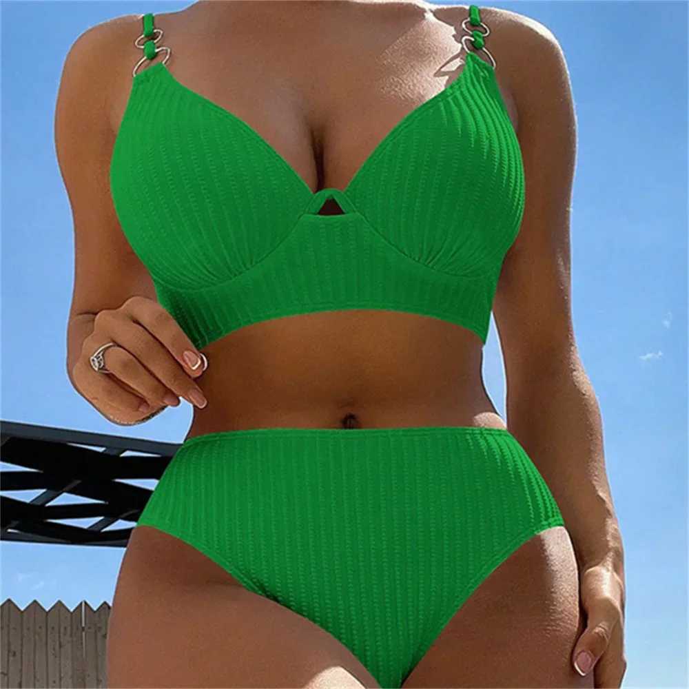 Sexy White Bikini Sling Rings Push Up Swimsuit High Waisted Vacation Swimwear Ribbed Beach Bathing Suit Women 2 Piece Set OutfitXJ250624