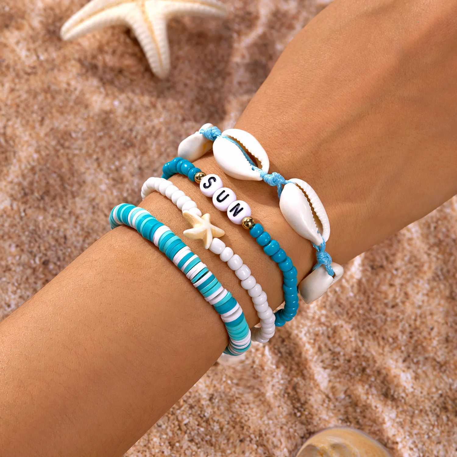 Summer Bohen Flower Starfish Sea Turtle Pendant Bracelet Set for Women Polymer Clay Colorful Beaded Bangle Beach Jewelry X250625