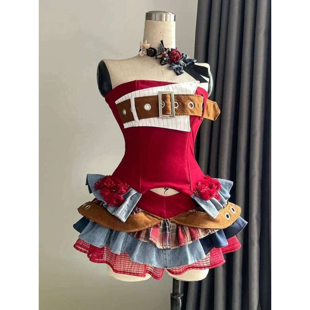 Preppy Vintage Red Denim Bustier Tops + Sweet Spicy Pure Design Mini Cake Skirt Women 2 Piece Sets Summer 2025 Korea Style