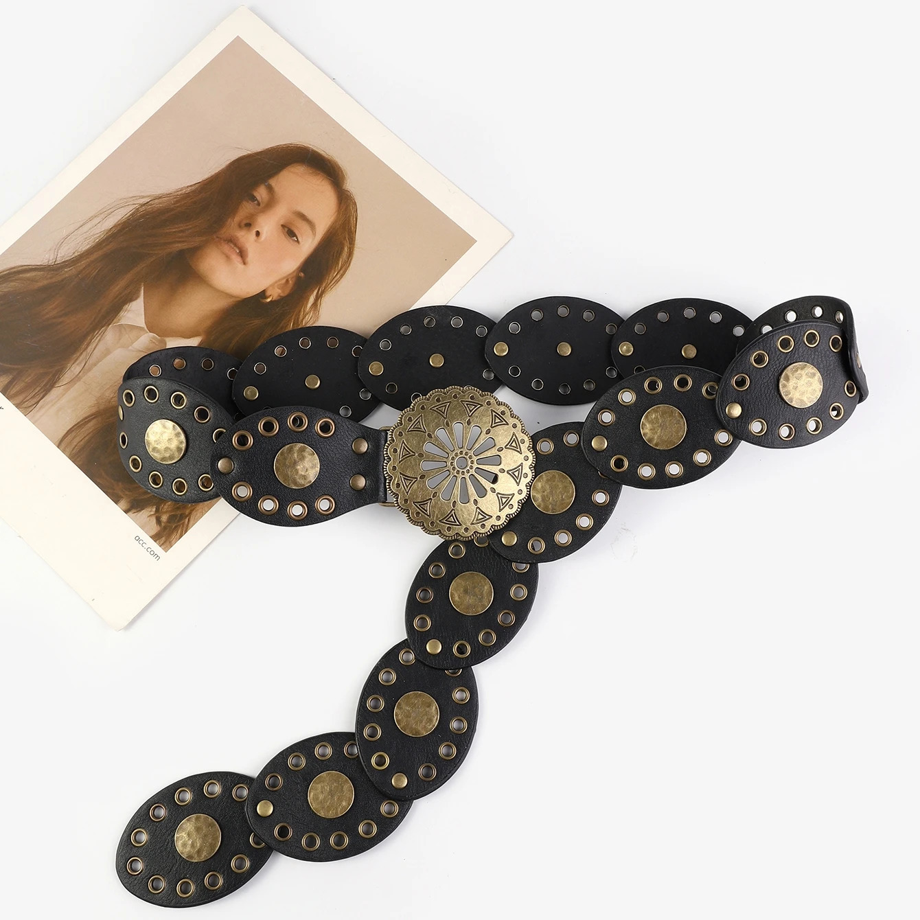 retro western cowboy belt personality round hollow metal wide belt for women 250618