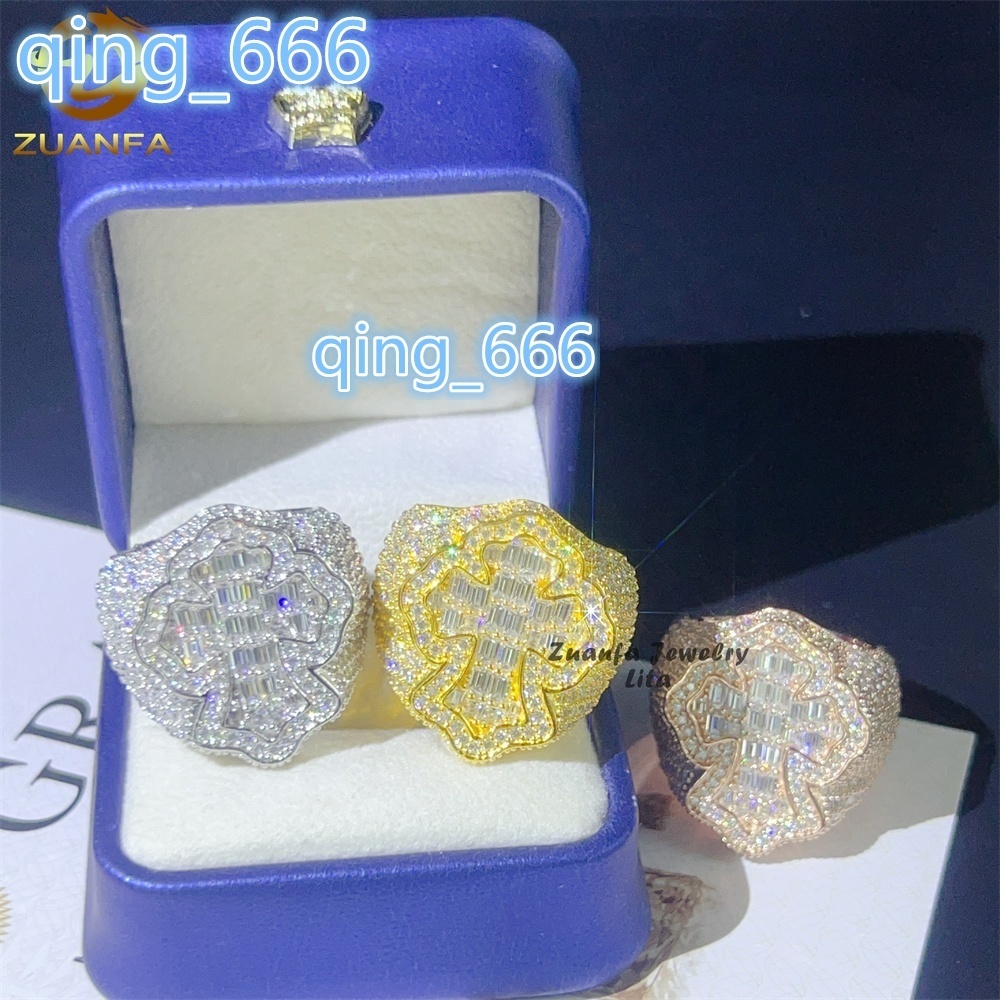 Luxury Fashion Cross Rings 925 Sterling Silver Custom Jewelry Hip Hop Men baguette Diamond Moissanite Ring