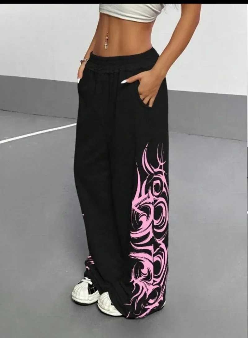Baggy Slacks Black Pink Contrast Y2K Track Pants Women Street Fashion American Jogging Pants Hip Hop Totem Graffiti X250625